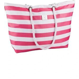 Pink & White Striped Rope Handle Tote Bag With Inner Zipper Pocket